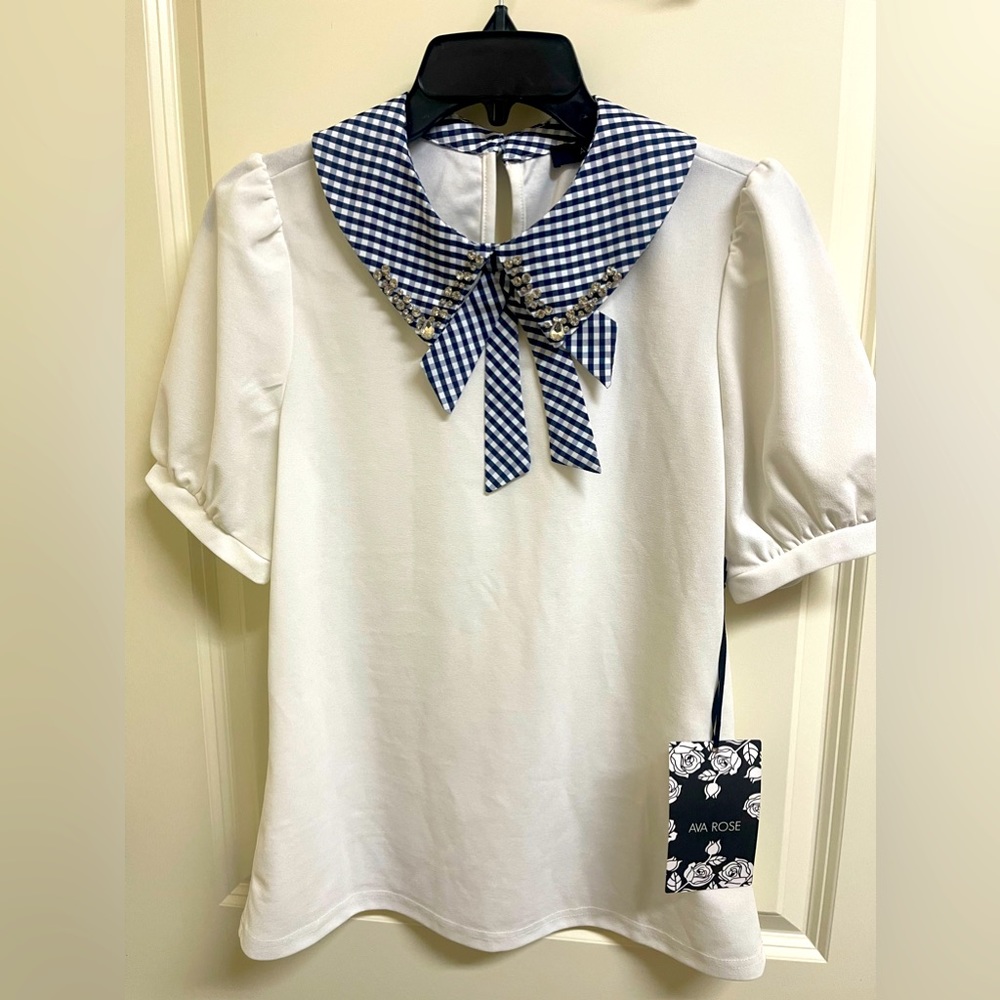 Ava Rose top bejeweled Peter Pan collar and bow, white and blue gingham Large